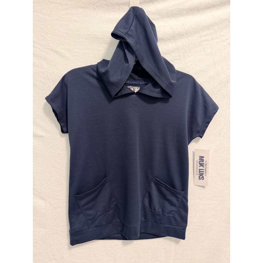 Muk Luks Womens Short Sleeve Hoodie Navy Blue Pocket Jersey Top XS New